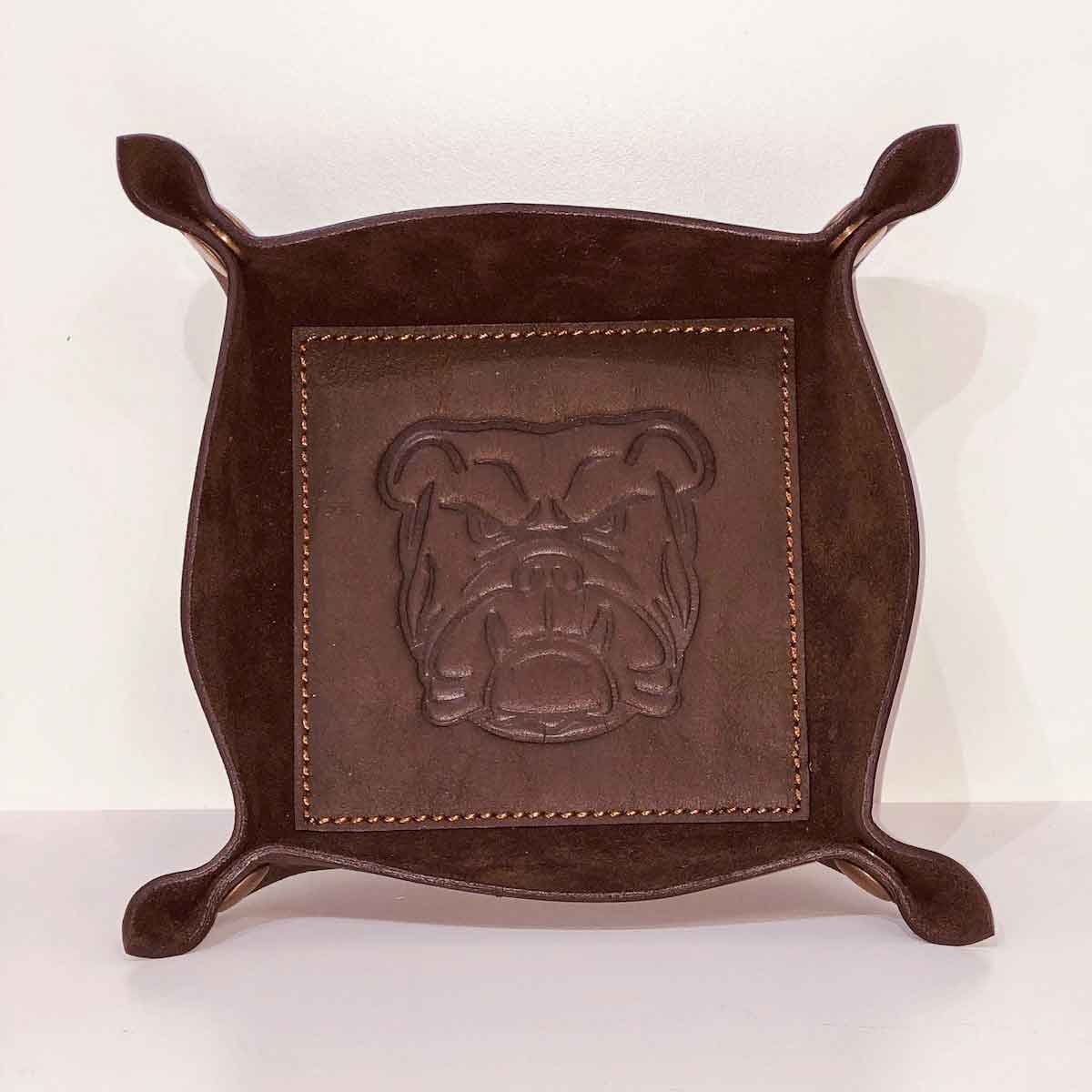 Bulldog Leather Embossed Valet Tray   Dark Brown   8x8