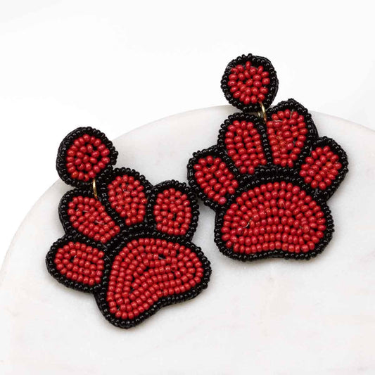 Paw Print Beaded Earrings   Red/Black   2"